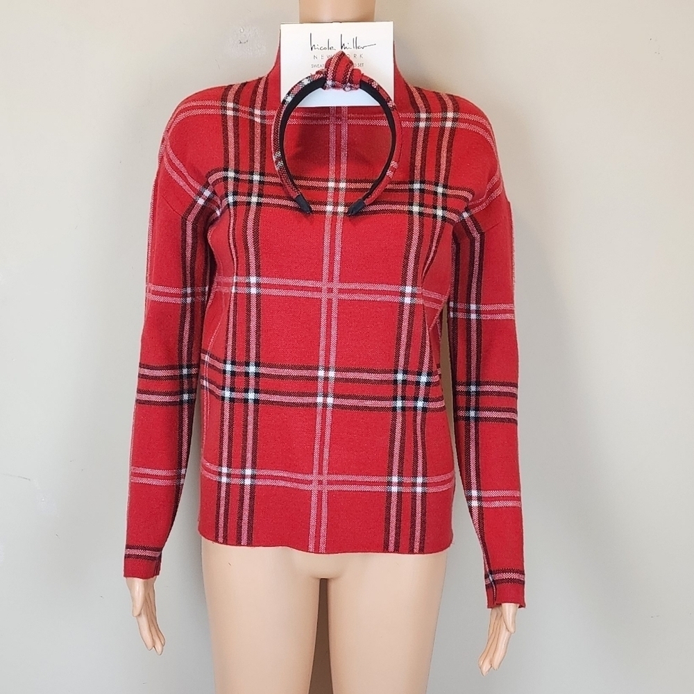 Nicole Miller Plaid Long Sleeve Sweater & Headband Set